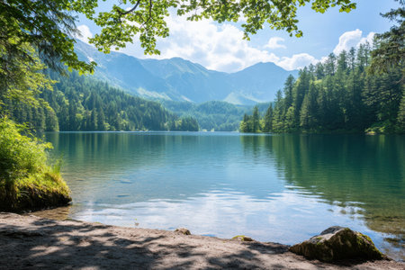 A tranquil lake reflects the surrounding mountains and vibrant trees, inviting relaxation and nature appreciation during daylight.の素材