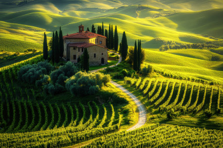 Golden sunlight bathes a quaint Tuscan village with cypress trees and lush vineyards during a tranquil sunset.の素材