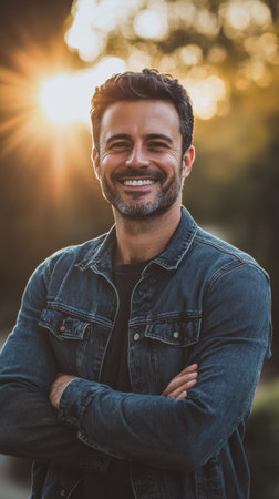 A man wearing a denim jacket smiles broadly with arms crossed as the sun sets behind him, casting a warm glow in a park.の素材