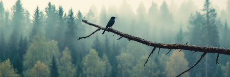 A solitary bird rests on a lifeless branch, surrounded by misty trees in the early morning light, creating a tranquil atmosphere.の素材