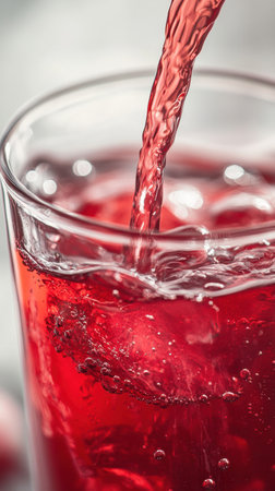 A vibrant red drink is being poured over ice, creating bubbles and an inviting appearance on a clean countertop.の素材