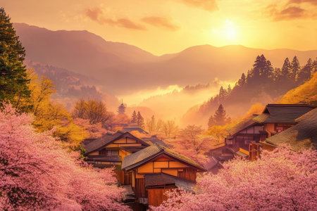 Cherry blossoms bloom in a Japanese village, creating a stunning view against the backdrop of mountains during a peaceful sunset.の素材
