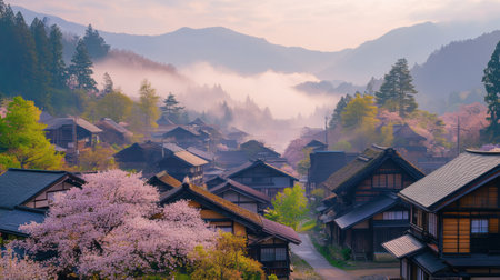 Blooming cherry trees contrast beautifully with traditional wooden houses in a serene Japanese village as morning mist envelops the mountains.の素材