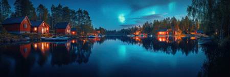 Vibrant northern lights illuminate a tranquil Scandinavian village with wooden cabins by the serene lake at dusk.の素材