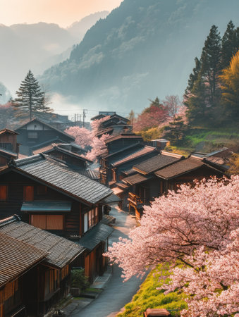 Quiet streets of a traditional Japanese village are lined with blooming cherry trees, creating a tranquil atmosphere during sunset.の素材