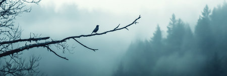 A solitary bird perches on a barren branch surrounded by a foggy forest, evoking a sense of calm and isolation in the early morning.の素材