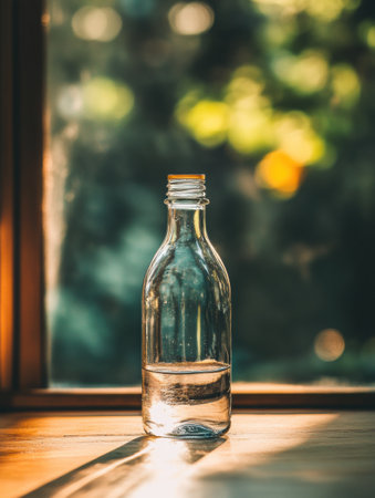 Sunlight streams through a window, highlighting a glass bottle filled with water sitting on a wooden surface, surrounded by soft greenery.の素材