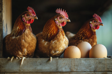 Three brown chickens sit on a wooden perch with several eggs nearby, enjoying a quiet moment in a rustic farm environment.の素材