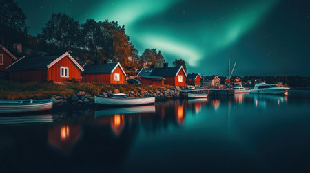 Colorful northern lights dance over a peaceful Scandinavian village with cozy cabins reflecting on the calm water under a starry sky.の素材