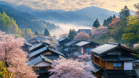 Cherry blossoms bloom in a serene Japanese village as the sun rises, illuminating traditional houses amid misty mountains and vibrant nature.の素材