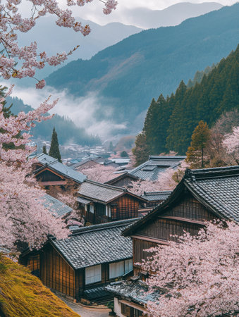 Cherry trees in full bloom fill the air with beauty over traditional wooden homes nestled in a tranquil Japanese village at springtime.の素材