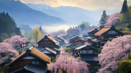 Springtime brings vibrant cherry blossoms to a serene Japanese village nestled in the mountains, enhancing the tranquil landscape at dawn.の素材