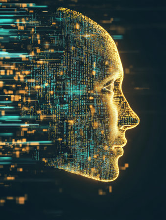 A human face outline dissolves into a stream of binary code and data flow, illustrating the fusion of humanity and technology in a digital future.の素材