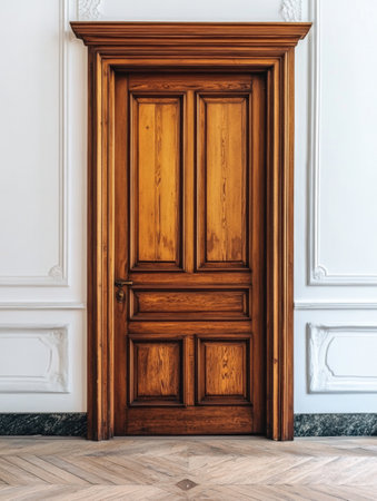 A beautifully crafted wooden door with intricate paneling stands at the end of a bright hallway, showing casing elegant architectural design.の素材
