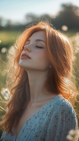 A young woman stands peacefully in a flower filled field, her hair softly blown by the breeze as sunlight warms her features.の素材