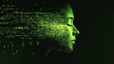 A human face outline gradually transforms into a stream of binary code, showing a blend of technology and human identity under futuristic themes.の素材