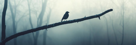 A solitary bird rests on a dead tree branch surrounded by a foggy forest atmosphere in the dim light of dawn.の素材