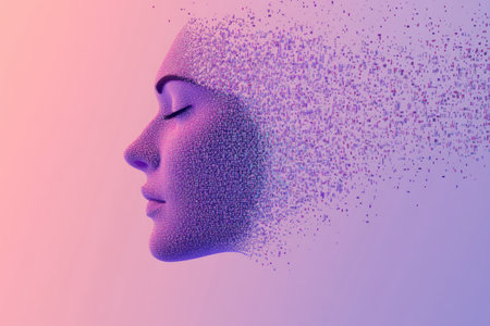 A human face outline gradually transforms into a stream of binary code, illustrating the blend of humanity and technology in a digital world.の素材