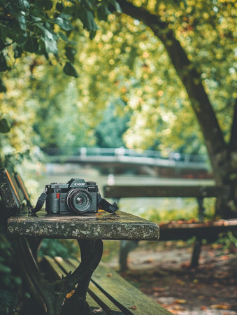 A camera sits on a weathered bench in a tranquil park with lush greenery and a calm waterway, inviting creativity and exploration.の素材