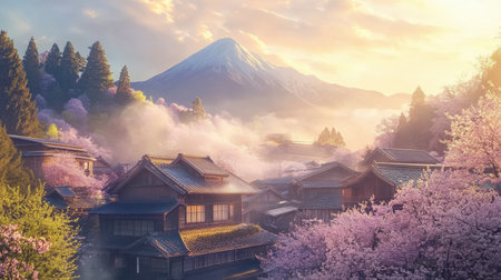 A serene Japanese village blooms with sakura trees as Mount Fuji rises majestically in the sunrise.の素材