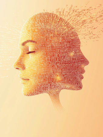 The outline of a human face transitions into flowing binary code, showcasing a fusion of humanity and technology with an AI theme.の素材