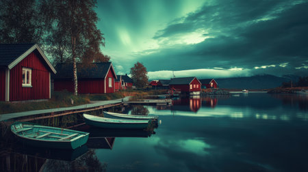 Traditional red houses align along the shoreline, reflecting on still water as an aurora borealis lights up the evening sky.の素材