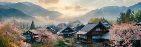 Cherry trees are in full bloom in a serene Japanese village, with wooden houses nestled against majestic mountains during sunset.の素材