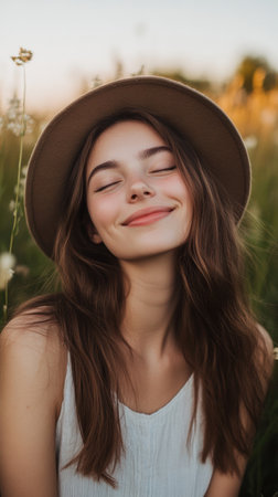 A woman radiates happiness while sitting in a sunlit field, surrounded by tall grass and wildflowers during golden hour.の素材