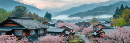 Soft morning light filters through cherry blossom trees in a tranquil Japanese village surrounded by mountains and mist.の素材