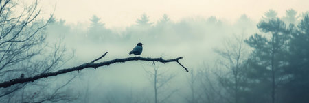 A small bird rests quietly on a barren branch as fog blankets the trees in the background during the break of dawn.の素材