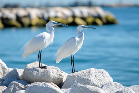 Two white herons are poised on rocky outcrops near tranquil blue waters, showing their elegant posture under a clear sky.の素材