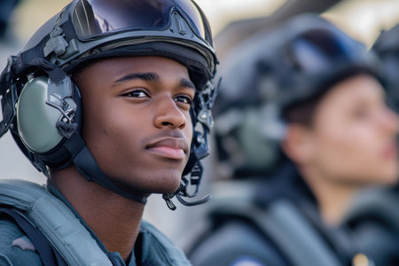 Young soldier with a determined expression participates in training exercises at a military base during a sunny afternoon.の素材