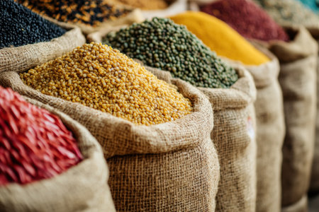 Burlap bags filled with various spices and grains are displayed at a bustling market, showcasing a rich variety of colors and textures.の素材