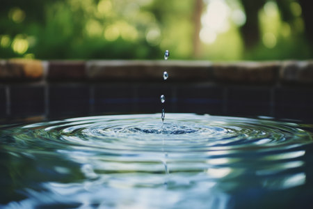 A single raindrop falls into a calm pool, sending ripples across the water surface in a peaceful garden. Soft sunlight filters through trees.の素材