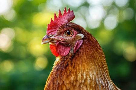 A close up of a hen showcasing its colorful feathers and prominent comb while basking in soft natural light outdoors during daytime.の素材
