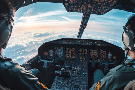 Two skilled pilots control a cockpits advanced instruments while flying through clouds during twilight, showing their expertise in aviation.の素材