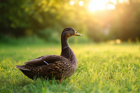 A duck is peacefully standing on green grass as the sun sets, illuminating the surroundings with warm hues, creating a tranquil atmosphere.の素材