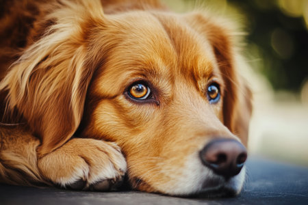 A golden retriever relaxes on a sunny day, resting its head on its paws while gazing thoughtfully into the distance amidst green foliage.の素材