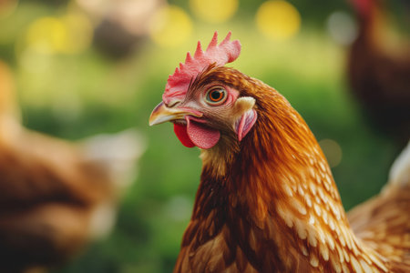 This hen showcases its colorful plumage and unique personality while growing in a green field filled with wildflowers and sunlight.の素材