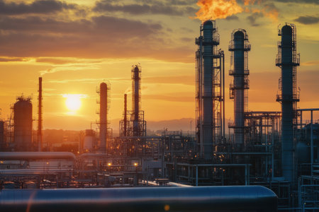 Smokestacks rise against a stunning sunset, illuminating an industrial complex while showcasing energy generation in the evening light.の素材