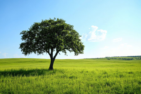 A solitary tree rises in the center of a lush green field, bathed in sunlight against a bright blue sky. Gentle clouds float above.の素材