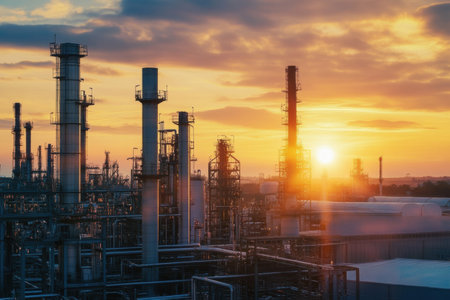 Silhouettes of industrial structures bask in warm sunset glow, highlighting a scene of production and energy against a colorful sky.の素材