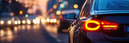A car waits in a line of traffic at dusk, as city lights sparkle and the sun sets, enveloping the surroundings in a soft glow.の素材