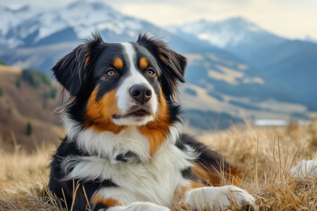 A beautiful dog lies on golden grass, surrounded by mountains under a cloudy sky, capturing a serene moment in natures tranquility.の素材
