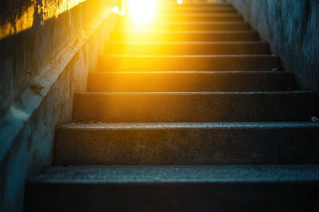 Golden sunlight streams down a staircase, illuminating the path in a serene urban environment during early morning hours.の素材