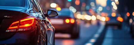 Cars navigate through busy urban streets at dusk, illuminated by the vibrant glow of traffic lights and storefronts.の素材