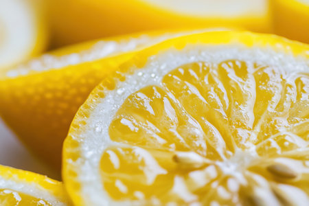 Slices of fresh lemons are arranged closely, showing their vibrant yellow color and juicy texture, with noticeable seeds.の素材