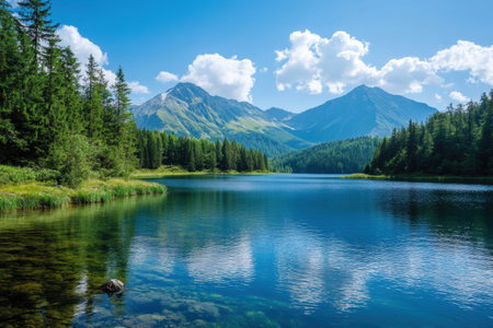 A tranquil mountain lake reflects a bright blue sky with fluffy clouds, surrounded by lush green trees and majestic mountains.の素材