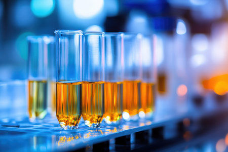 Bright orange liquid fills glass test tubes neatly arranged on a laboratory workstation, showcasing a scientific experiment in progress.の素材