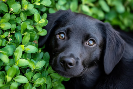 A playful black dog rests comfortably in lush green foliage, displaying curious and expressive eyes under bright daylight.の素材